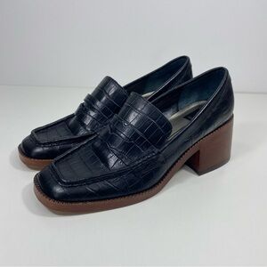 Dolce Vita Talie Classic Black Noir Leather Croco Embossed Block Heel Loafers 8
